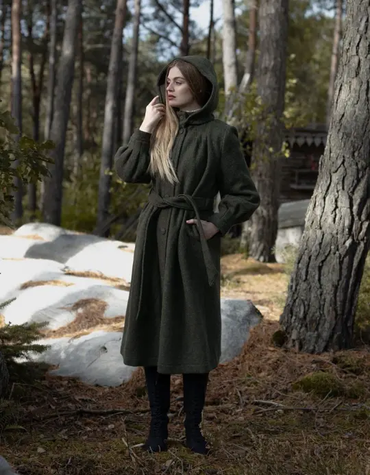 Manteau long 'Aneta' en pure laine vert mousse