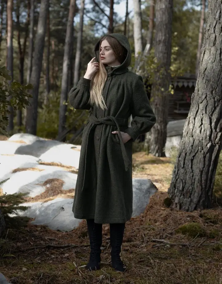 Manteau long 'Aneta' en pure laine vert mousse