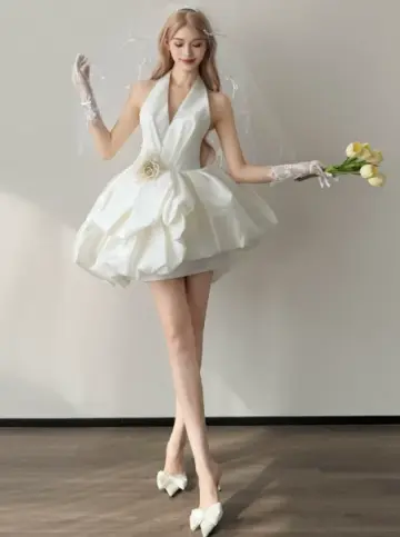 Elegant White A-Line Halter Satin Mini Evening Dress Homecoming Dress RS392