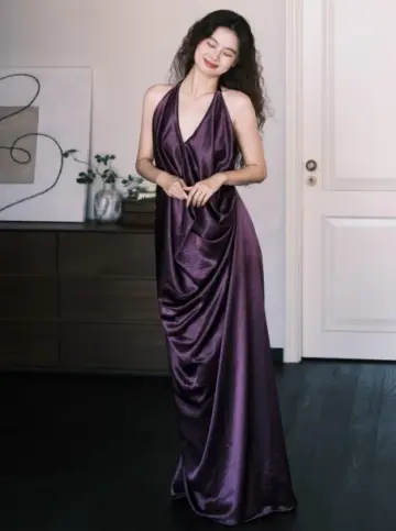 Sexy Purple Halter Long Women Dress with High-slit Casual Dress RS139