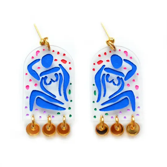 Blue Lady Arch Earrings with Gold Acrylic Dangles