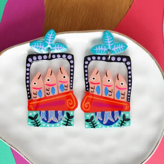 Hand Painted Resin Sardine Tin Fish Earrings in Turquoise and Red