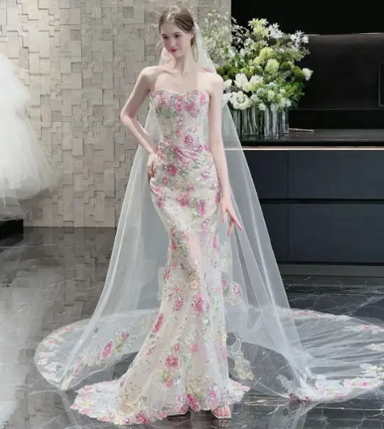 Dreamy Ivory Floral Prom Dress ,Mermaid Strapless Tulle Corset Maxi Evening Dress RS928