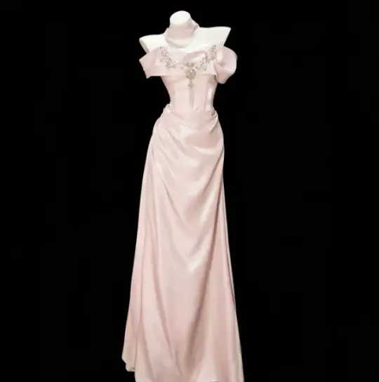 Satin Silky Corset Prom Gown ,  Elegant Chamoagne Maxi Princess Evening Dress Ball Gown RS1828