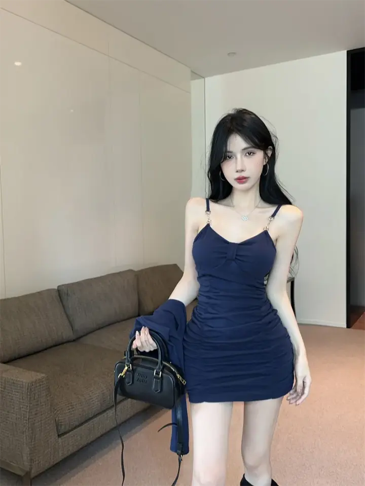 Hot Girl Style Sexy Bottom Slim Pleated Suspender Dress Long Sleeve Cardigan Top Two-piece Set R3789