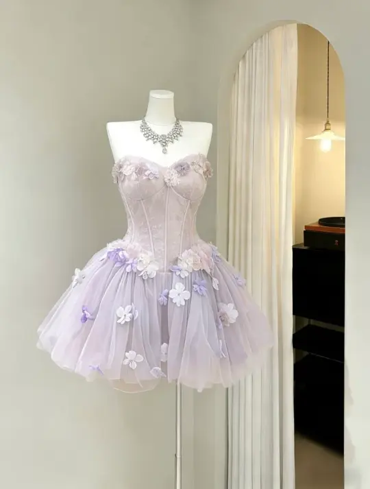 Elegant Lavender A-Line Strapless Applique Tulle Hem Bodycon Mini Dress Homecoming Dress RS223