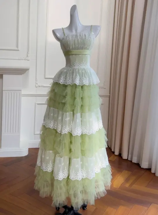 Fresh Soft Green Prom Dress,A-Line Spaghetti Straps Pleated Corset Maxi Party Dress Cami Dress RS1041