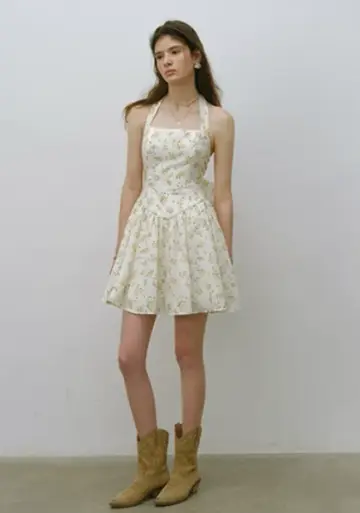 Beige Floral Print Halter Neck Mini Dress Women With Large Bow Detail R9485