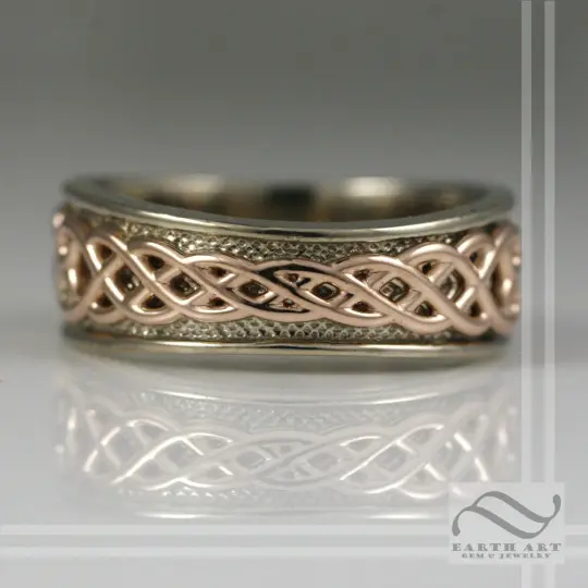 Mens 14k White and Rose gold Tapered Celtic Wedding Band