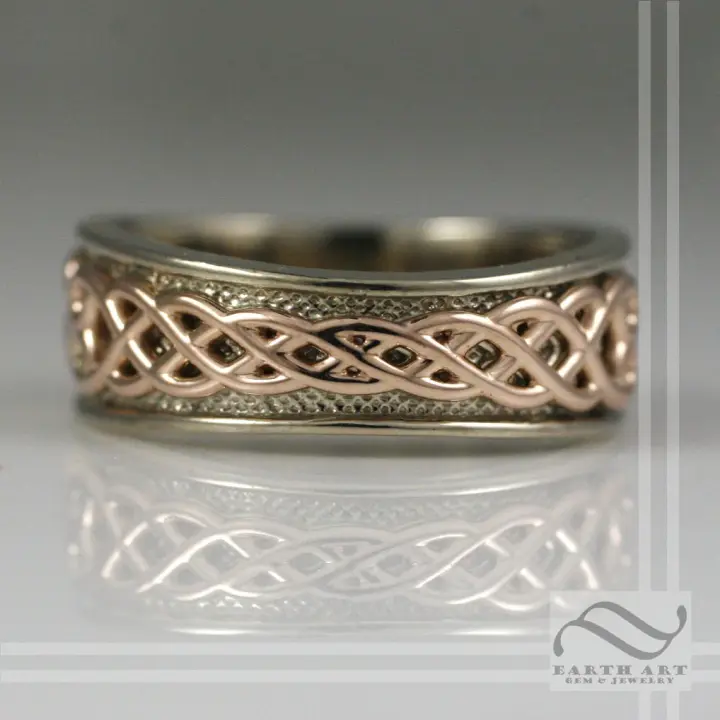 Mens 14k White and Rose gold Tapered Celtic Wedding Band
