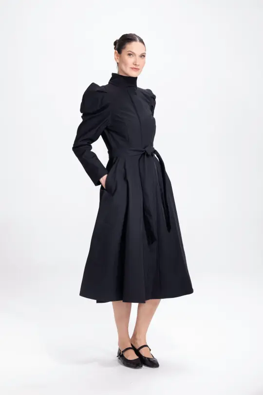 Fit and Flare Coat with Balloon-Styled Sleeves in Black | Majestic Night