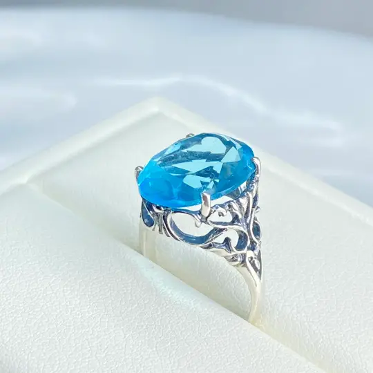 Aquamarine Ring, Size 7, Oval Gem, Dramatic Swirl Filigree Jewelry #D10 - Ready to Ship