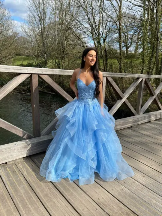 Puffy Tulle Embroidered Women's Prom Gown Baby Blue Waist Fitted Maxi Evening Dress Birthday Dress — Fall Outfit 2026 New  RS3270
