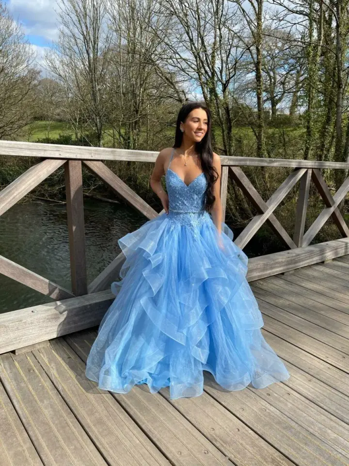 Puffy Tulle Embroidered Women's Prom Gown Baby Blue Waist Fitted Maxi Evening Dress Birthday Dress — Fall Outfit 2026 New  RS3270
