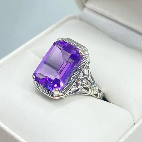 Natural Amethyst Ring, Size 6, Purple Gem, Art Nouveau Jewelry, Design#D64 - Ready to Ship