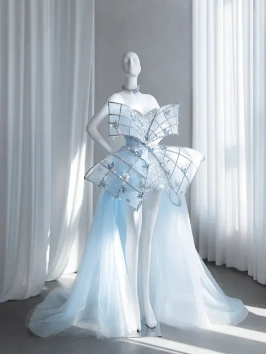 Light blue strapless fitted long train ball gown, bridal dress R8855