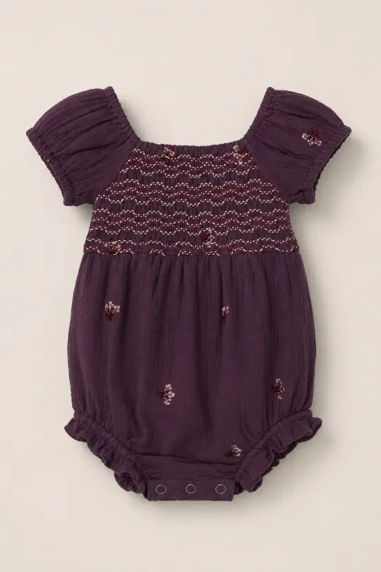 Baby Acantha Romper in Aubergine Embroidered Gauze