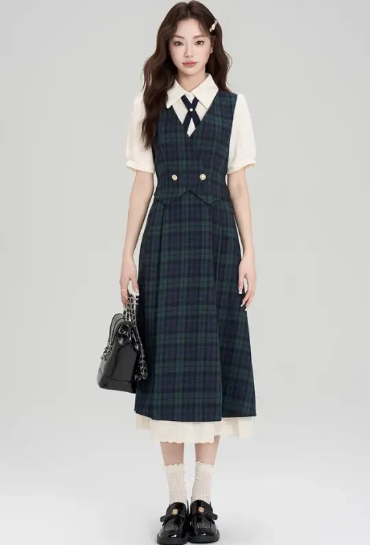 College style summer shirt splicing fake two-piece plaid dress R2395