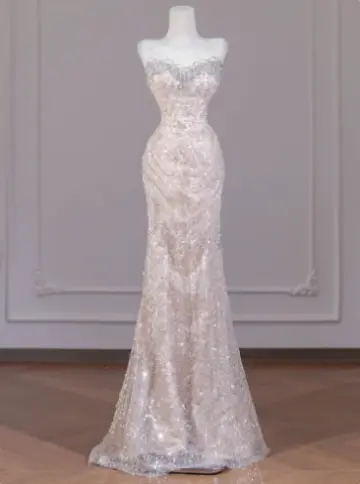 Elegant Blush Pink Mermaid Sweetheart Sequin Tulle Bodycon Maxi Quinceanera Dress Evening Dress RS337