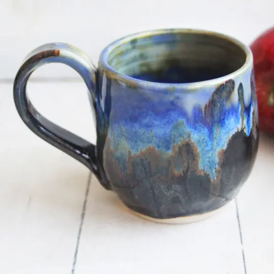 Dripping Blue and Brown Glazed Mug, 12 Ounce Handcrafted Pottery Mug, Made in USA