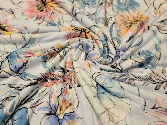 Blue Pink Floral Rayon Knit - By the Yard