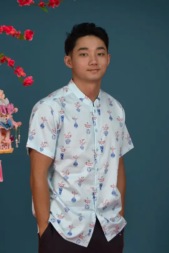 Men's Mandarin-collared Shirt - Turquoise Vases