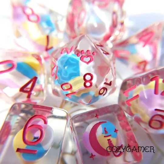 Candy Swirl Resin DnD Dice Set, 8 Pieces with Cat Wizard D6