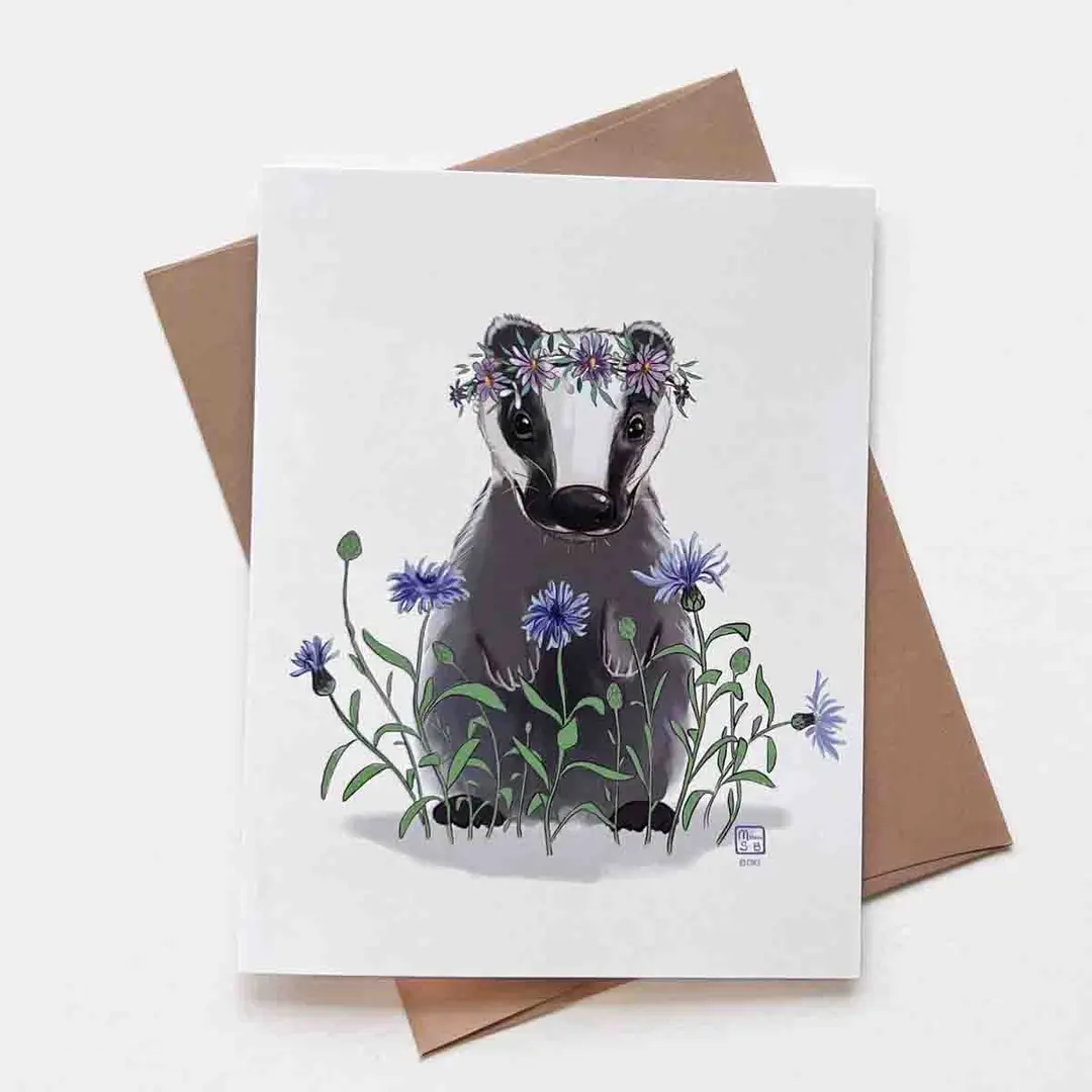 Badger With Wild Flowers Greeting Card, Wholesale 6 Pack