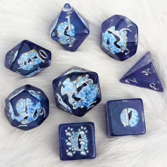Wall of Eyes Resin DnD Dice Set, 8 Pieces with Cat Paw D6