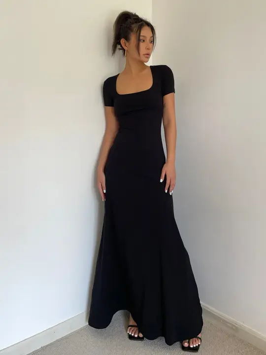 Summer French Square Neck Dress Slim Fit Short Sleeves Knee-Length Temperament Long Dress R3028