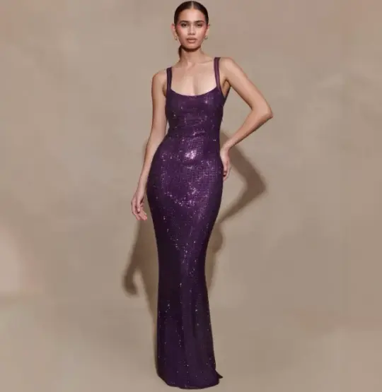 Elegant Purple Sheath Open Back Spaghrtti Straps Long Women Dress with Paillette Prom Dress Evening Dress RS088