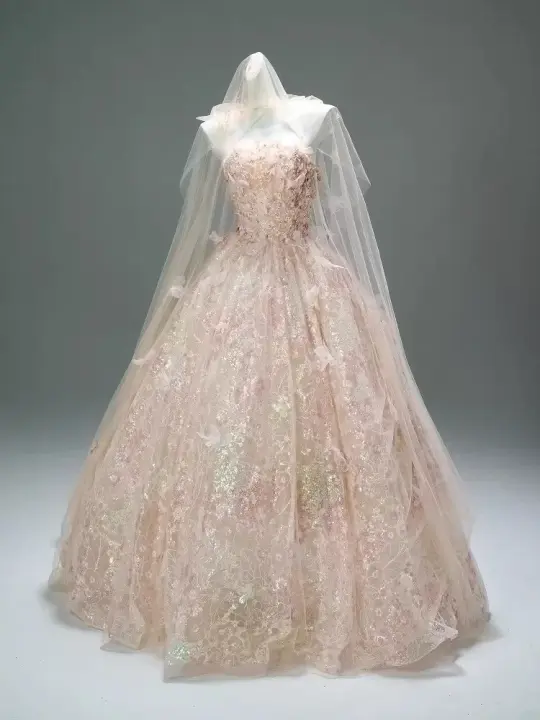 Pink Strapless Floral Fitted Waist Puffy Skirt Bridal Dress R5754