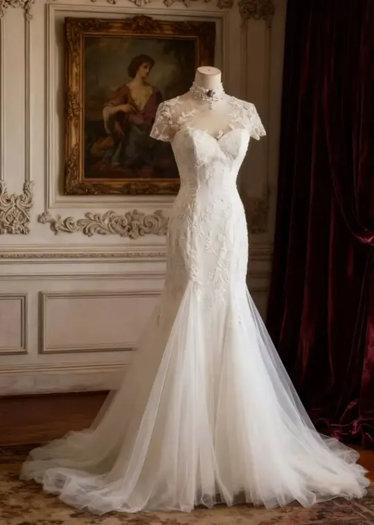 White lace neckline, fitted waist, bodycon long ball gown, bridal gown R6729