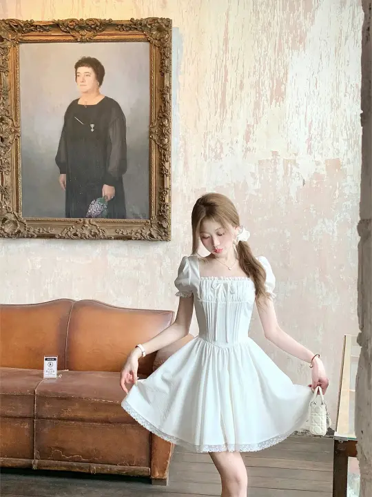 French style little white dress for girls, slim fit, heavy work dress, new summer style R3912