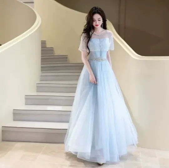 Tulle Puffy Dreamy Corset Prom Gown , Pale Blue Women's Maxi Evening Dress Birthday Dress RS2665