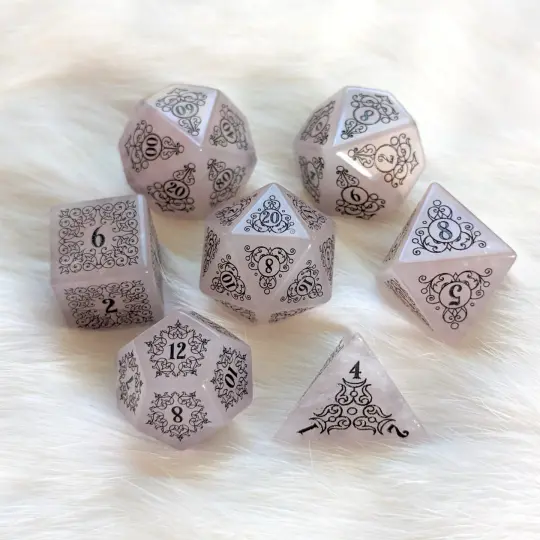 Garden Gate Rose Quartz Gemstone Dice Set – 7-Piece DnD Dice | Fennek & Finch