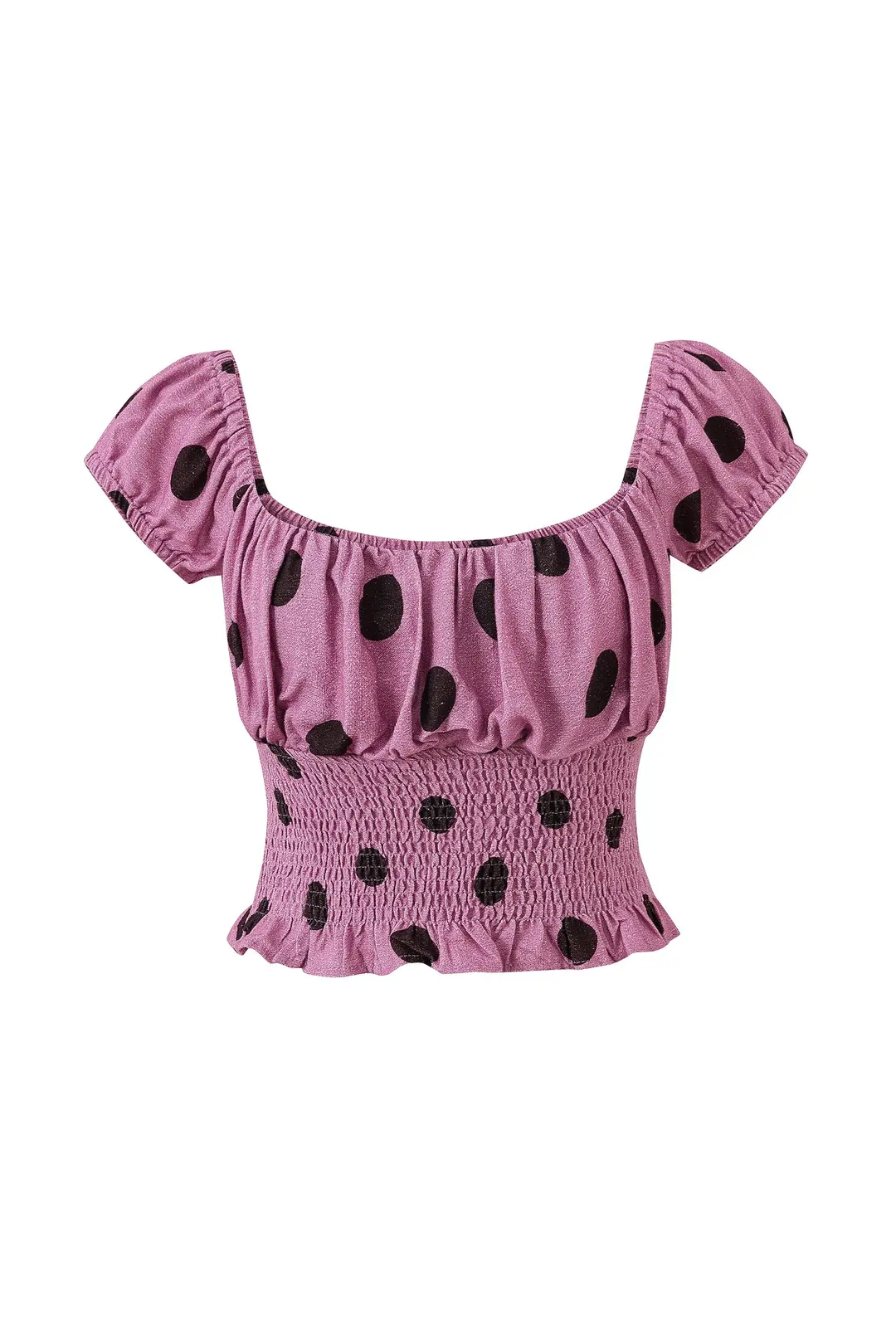 Soft Linen Smocked Waist Blouse Purple Polka Dot