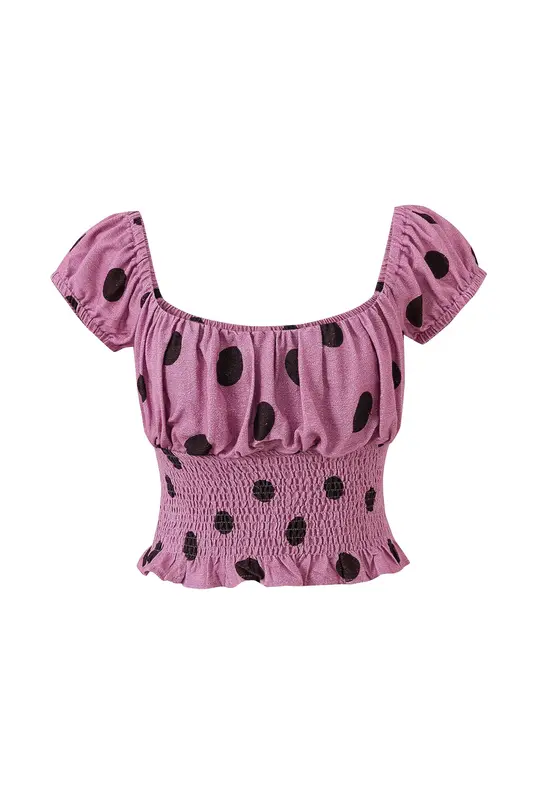 Soft Linen Smocked Waist Blouse Purple Polka Dot