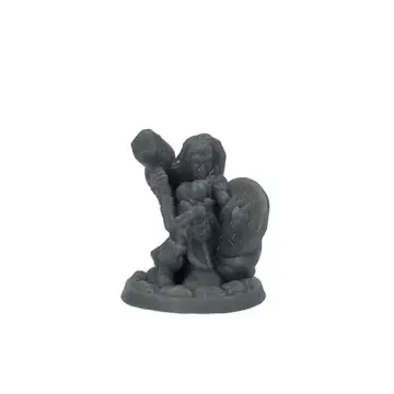 Unpainted 32mm 3D-printed female dwarf fighter braced behind a round shield with her warhammer raised — tabletop RPG miniature for D&D, Pathfinder & wargaming