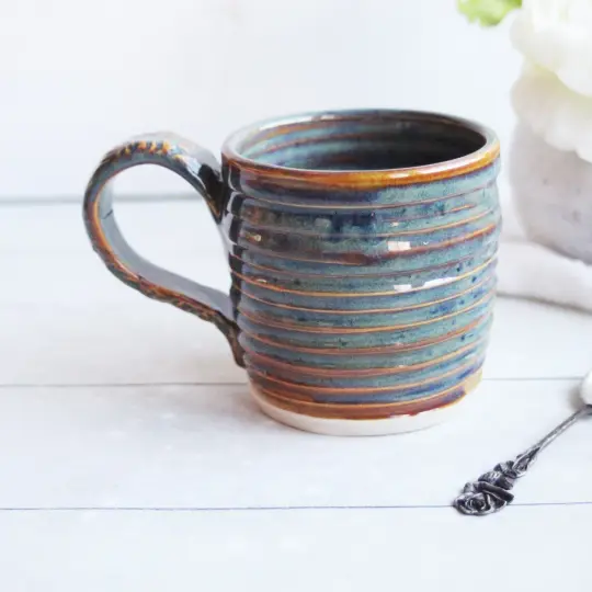 Hand-Thrown Stoneware Mug in Sea Foam Green and Amber Glaze, Made in USA