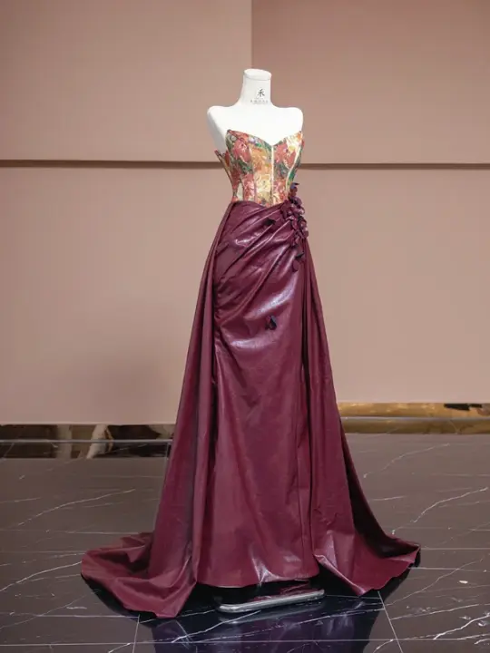 Vintage oil painting floral strapless cinched waist patchwork burgundy long ball gown, bridal dress R8321