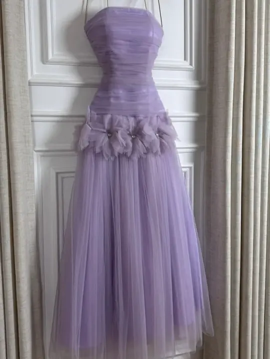 Gentle Purple A-Line Spaghetti Straps Applique Corset Maxi Prom Dress Evening Dress RS655