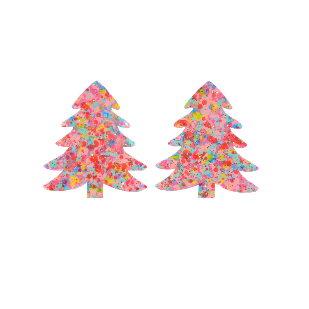 Small Colorful Confetti Holiday Christmas Tree Resin Acrylic Stud Earrings