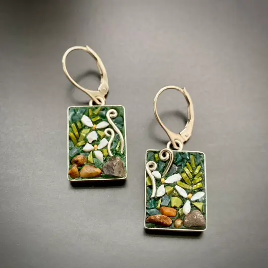Trillium and Fiddlehead Rectangle Earrings