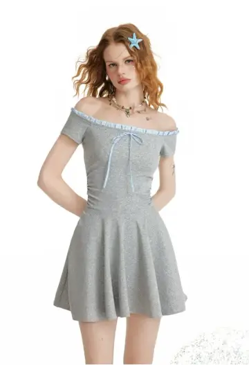 Casual Summer Grey Knit Dress With Off-Shoulder Design And Blue Accent R9321