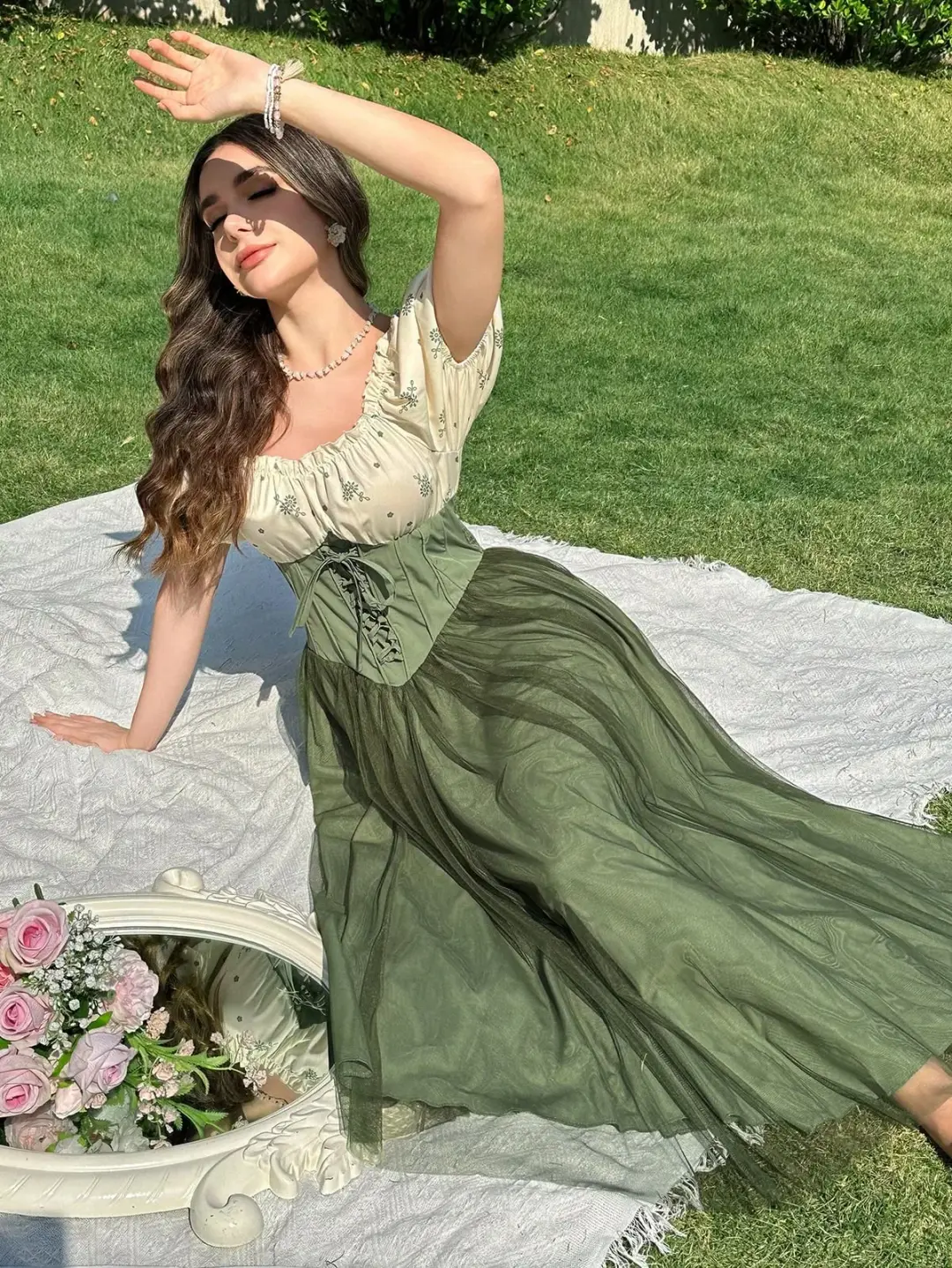 Flowy Patchwork Women's Prom Gown Bud Green Corset Maxi Evening Dress Birthday Dress — Fall Outfit 2026 New RS3203