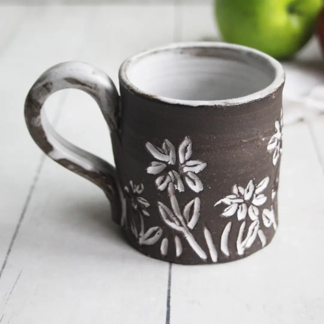 Small Rustic Brown Raw Stoneware Coffee Cup with Hand Carved Flowers, Made in USA