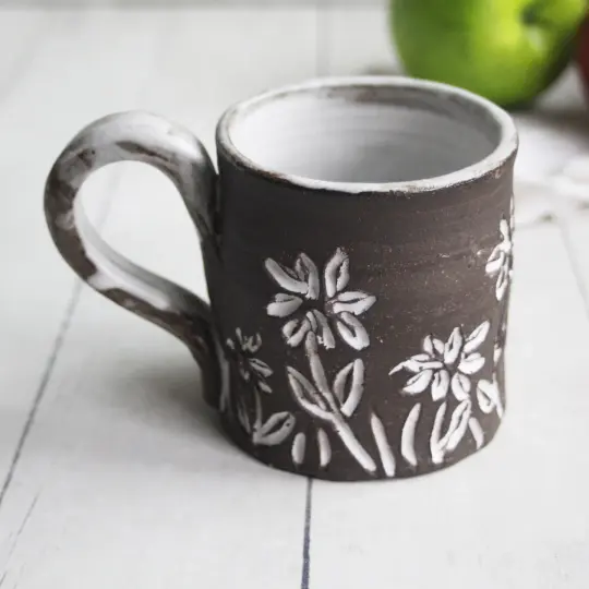 Small Rustic Brown Raw Stoneware Coffee Cup with Hand Carved Flowers, Made in USA