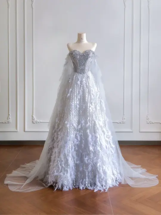 Gray-blue strapless, fitted waist, rhinestone-studded, full skirt long ball gown, bridal dress R8193