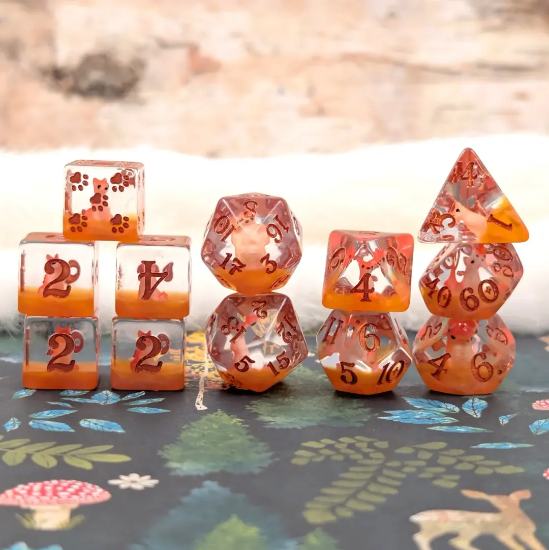 Red Fox DnD Dice Set – 12pc Animal Dice with Seated Foxes